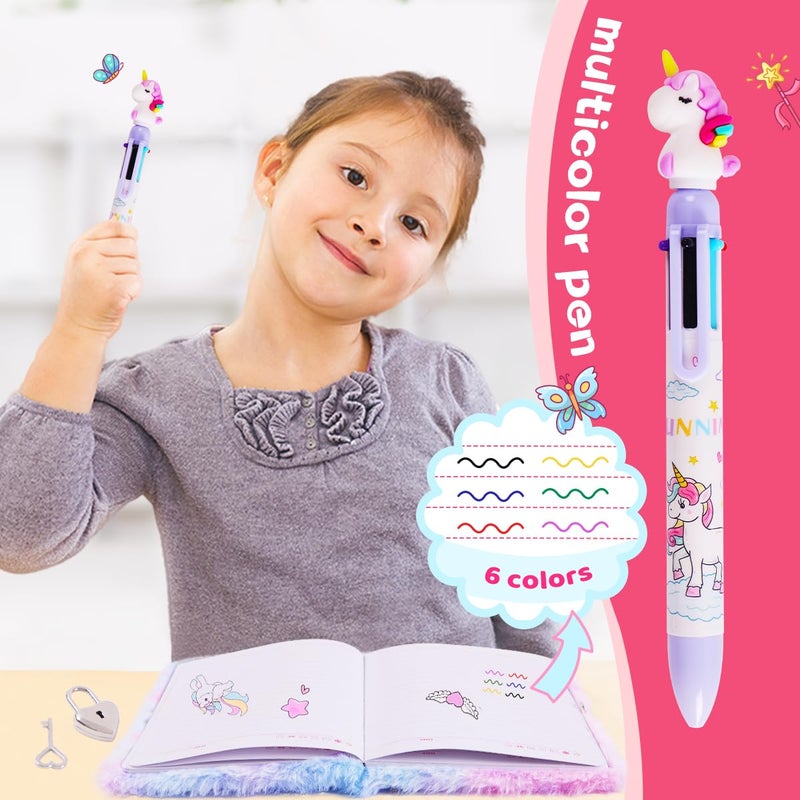 PrinBarBee Unicorn Diary with Lock for Girls Cute Plush Journal Notebook Set for Kid with Stickers Fluffy Secret Notebook for Writing and Drawing Gifts for Girls ages 6-8 - Image 4